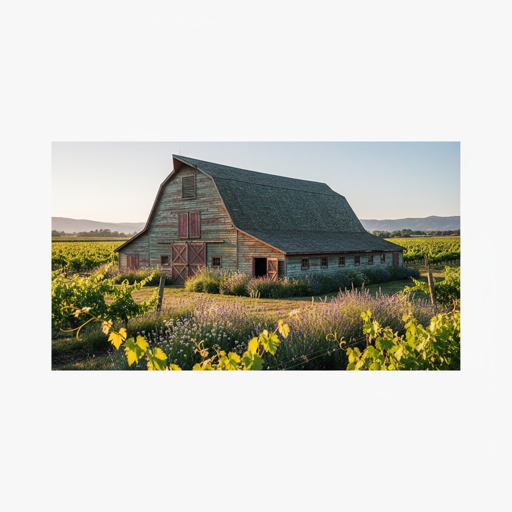 A rustic barn in an agricultural field, surrounded by wildflowers and grapevines.