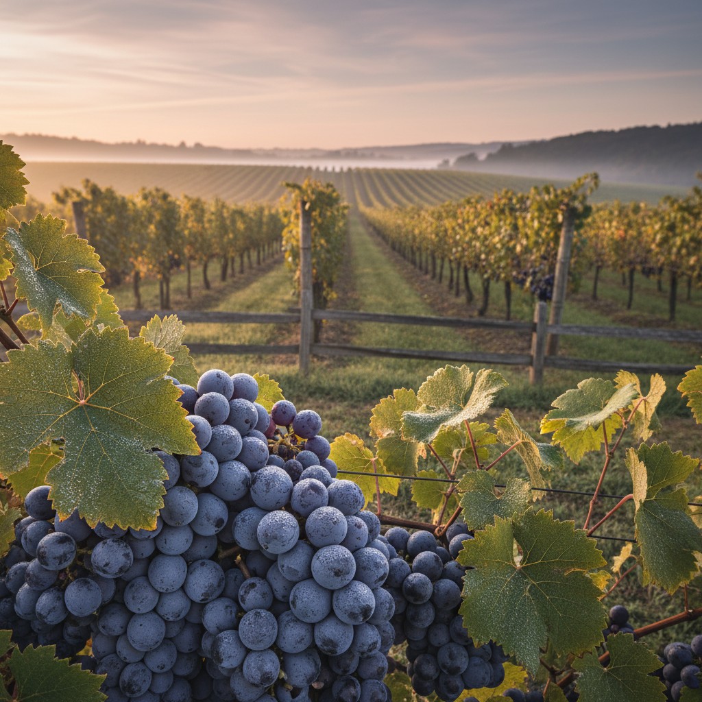 A serene vineyard scene showcasing rows of lush, healthy, and ripe grape clusters extending to the horizon.