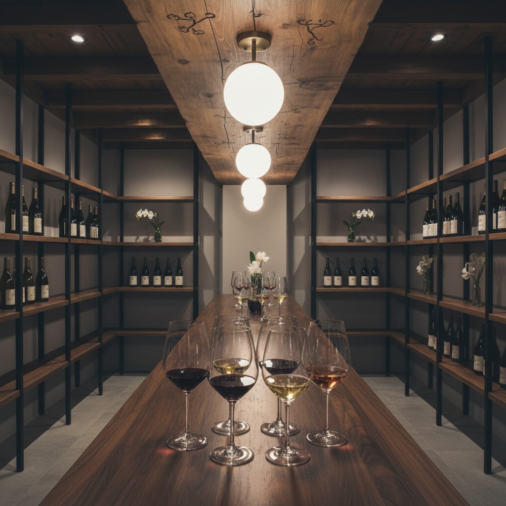 an image of a long table set with wine glasses and shelves with wine and decorative vases