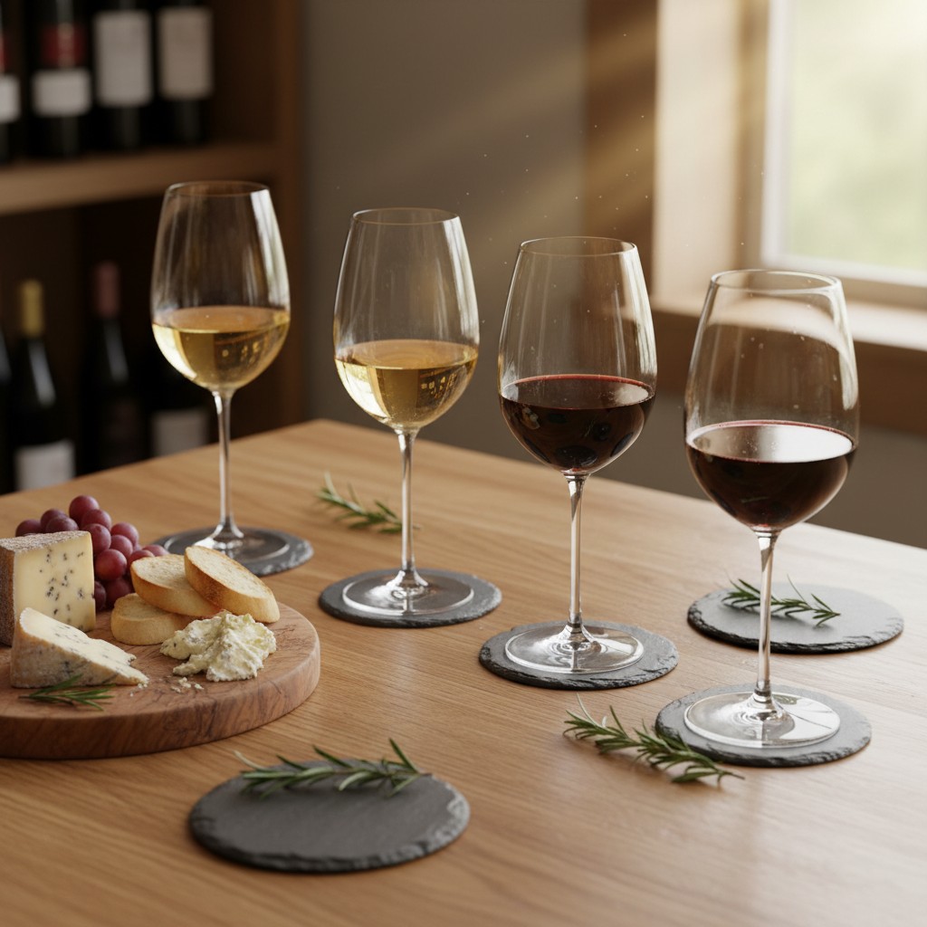 Four glasses of wine, with the white wine on the left and the red wine on the right, next to a mostly empty wooden table s...